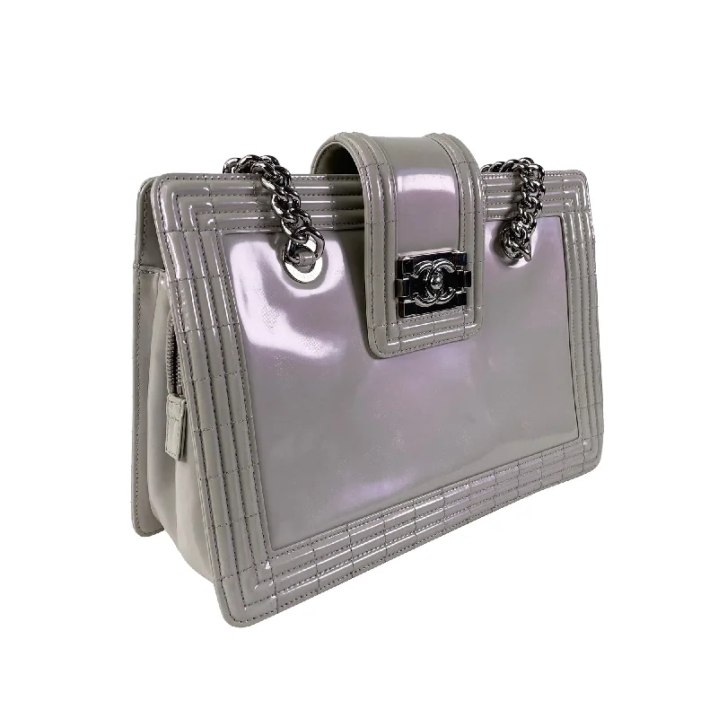 Best-selling designer bags 2025Gray Chanel Iridescent Patent Boy Reverso Shopping Tote