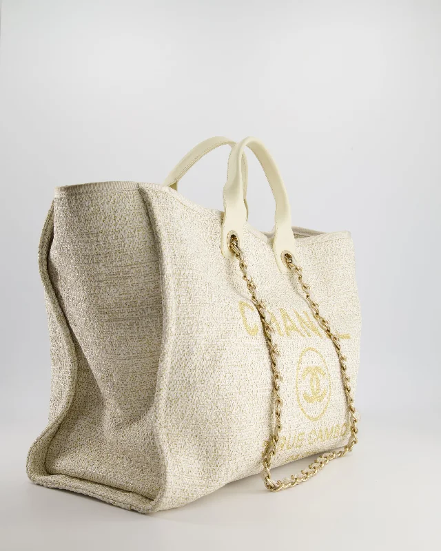 Sustainable fashion bagsChanel Cream Tweed Large Deauville Tote Bag with Gold Fabric Detail & Champagne Gold Hardware