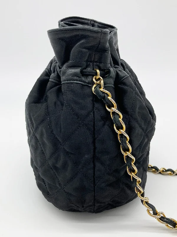 Affordable luxury bags Vintage Chanel Black Satin & Leather Drawstring Bucket Bag