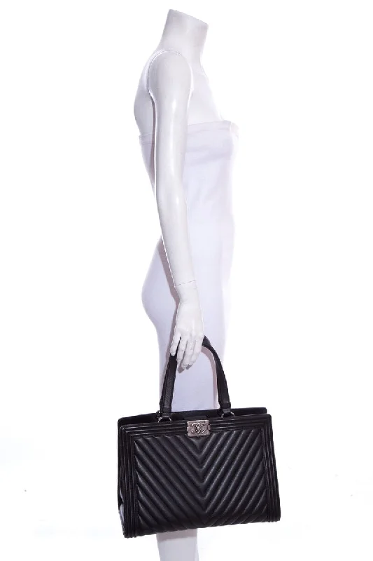 Sustainable fashion bagsChanel 2014/2015 "Boy Shopper" 30cm Black  Chevron Leather Tote W/ Palladium HW