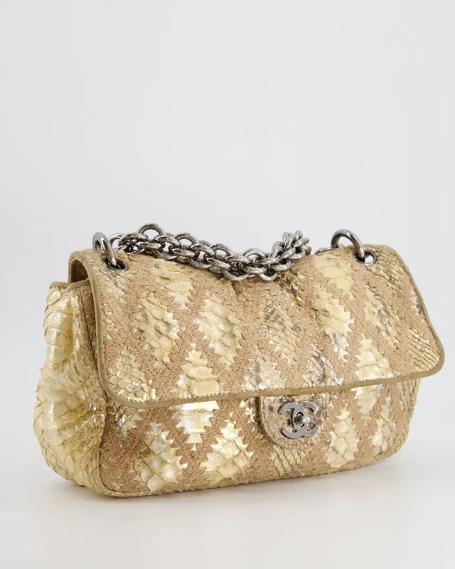 Sustainable fashion bagsChanel Beige and Gold Python and Crochet Flap Shoulder Bag with Ruthenium Hardware and Large Chain Strap