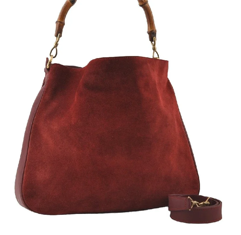 Sustainable fashion bagsAuthentic GUCCI Bamboo 2Way Shoulder Hand Bag Suede Leather Bordeaux Junk 4824I