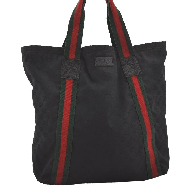 Eco-friendly tote bags for shoppingAuthentic GUCCI Web Sherry Line Tote Bag GG Canvas Leather 189669 Black 5066I