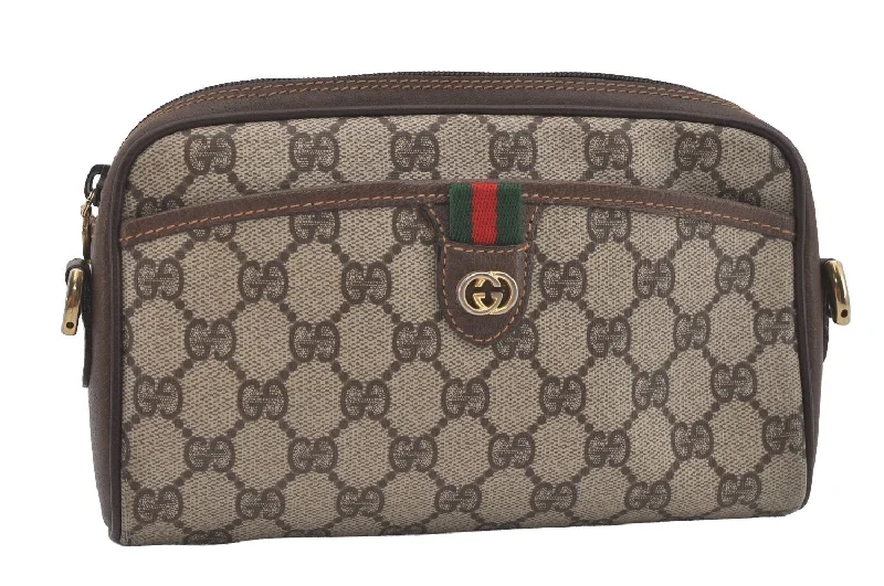 Affordable leather bagsAuthentic GUCCI Web Sherry Line Shoulder Clutch Bag GG PVC Leather Brown 5209I