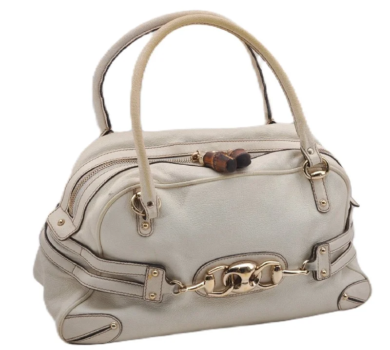 Best-selling designer bags 2025Authentic GUCCI Bamboo Horsebit Shoulder Tote Bag Leather 159398 Ivory 9403F