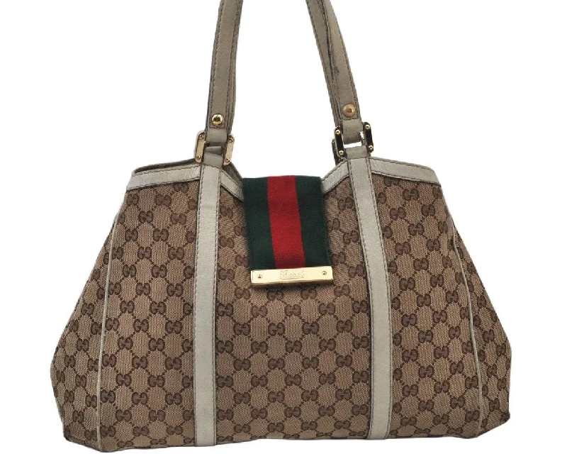 Luxury brand bags on saleAuthentic GUCCI Web Sherry Line Shoulder Tote Bag GG Canvas Leather Brown 5078I