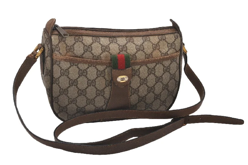 Sustainable fashion bagsAuthentic GUCCI Web Sherry Line Shoulder Bag GG PVC Leather Brown Junk 4731I