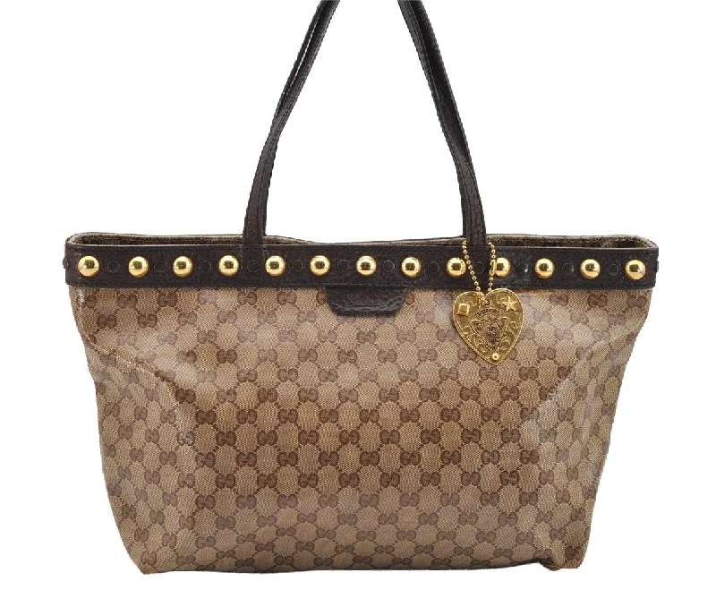 Designer bags with gold hardwareAuthentic GUCCI Heart Crest GG Crystal PVC Leather Tote Bag 207291 Brown 4794I