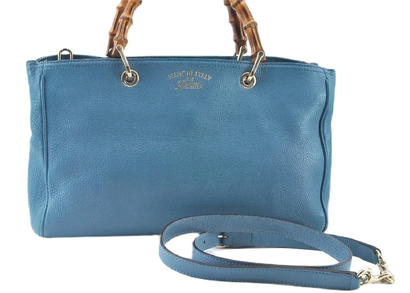 Designer bags with detachable strapsAuthentic GUCCI Bamboo 2way Hand Shoulder Bag Purse Leather 323660 Blue J8808