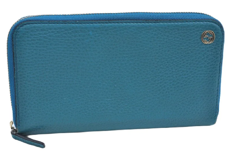 Durable leather bags for daily useAuthentic GUCCI Interlocking G Long Zippy Wallet Purse Leather 449347 Blue J9355